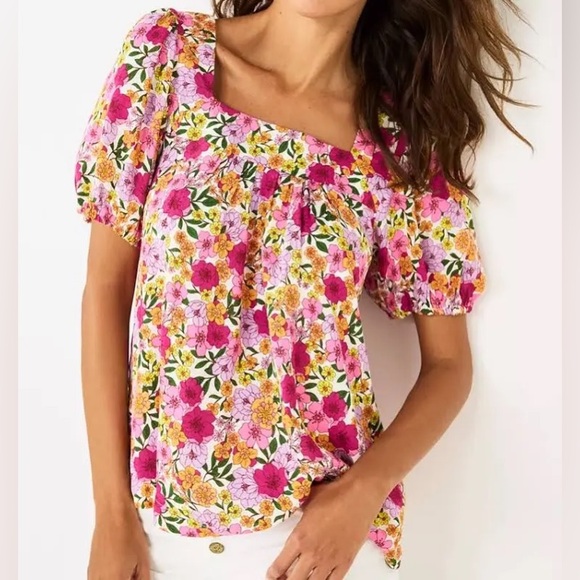 Draper James Tops - DRAPER JAMES RSVP FLORAL SQUARE NECK BABYDOLL TOP WITH PUFF SLEEVES